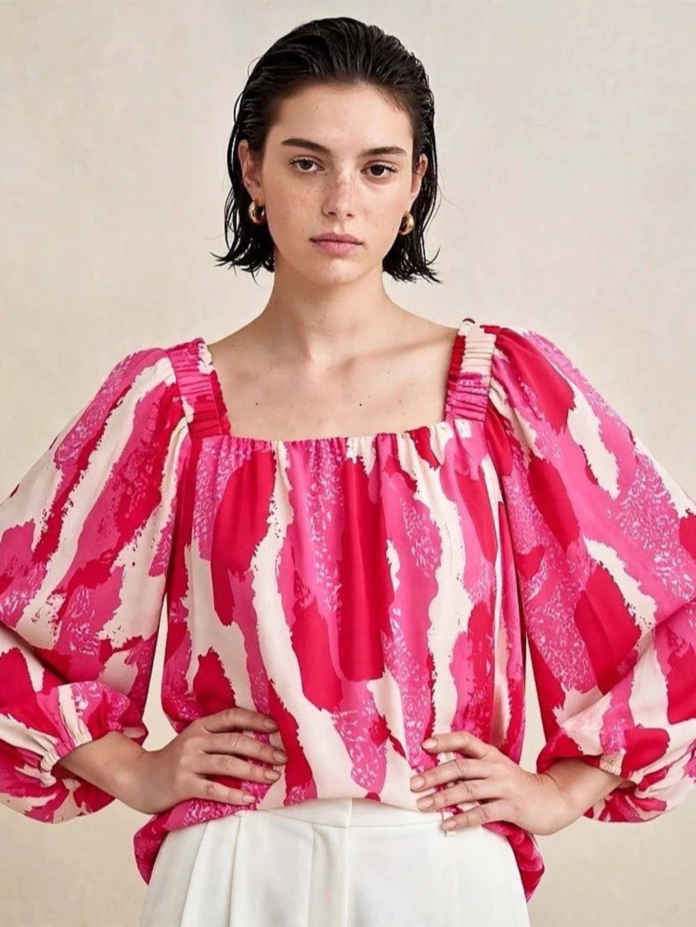 Entro Abstract Puff Sleeve Blouse in Pink & White Size Large Like